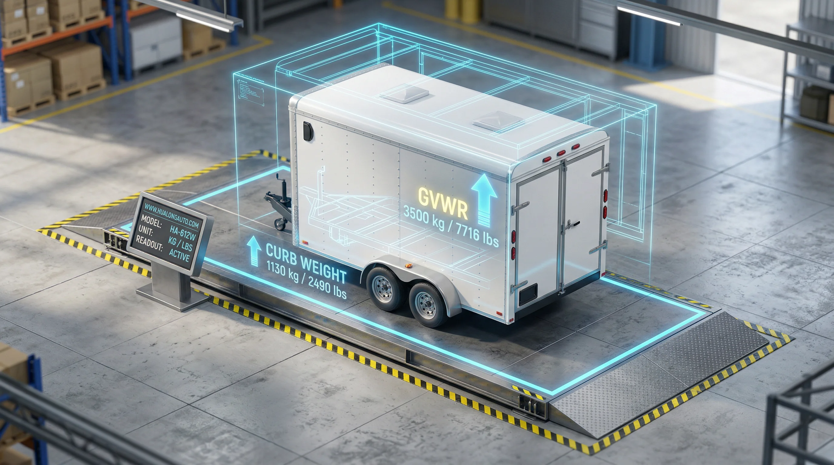 White 6x12 enclosed cargo trailer parked on an industrial scale measuring curb weight and GVWR