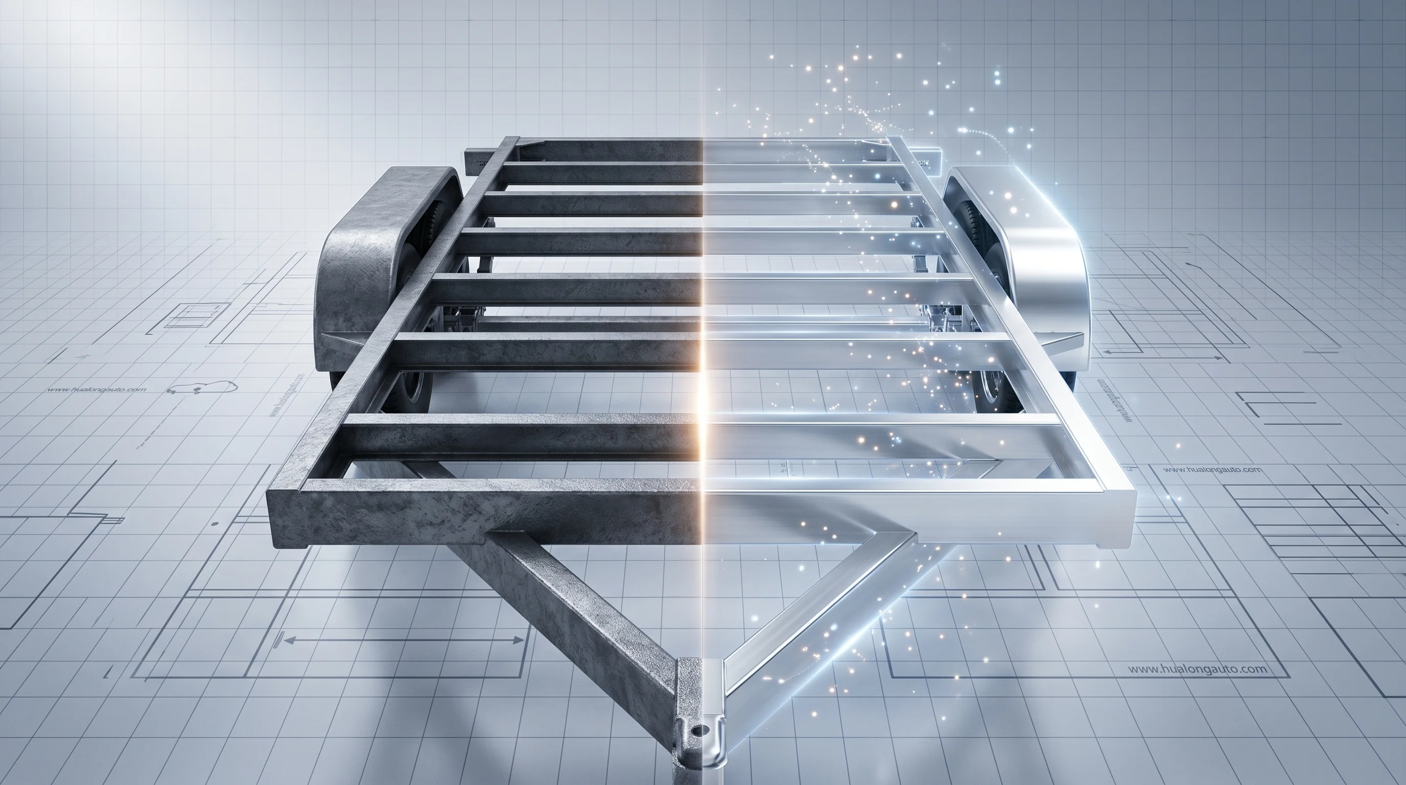 Visual comparison between a heavy steel frame and a lightweight aluminum frame for a 6x12 enclosed trailer